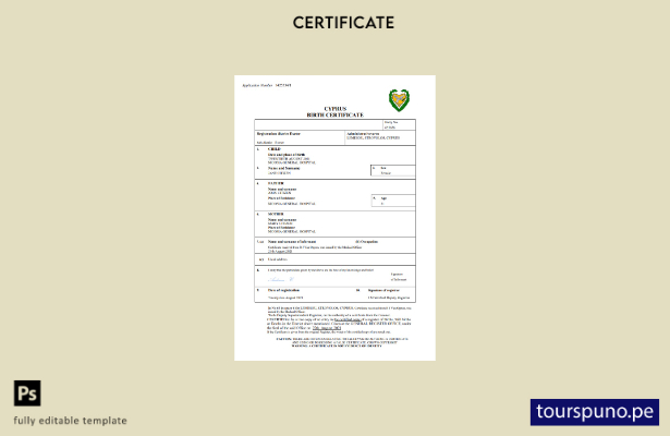 listo para imprimir certificado de nacimiento de Chipre Plantilla en Word y PDF
